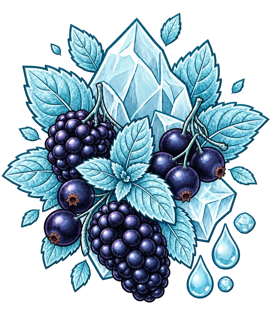Illustration of blackberries, mint leaves and ice crystals for the FUMOT 12K Black Ice flavour
