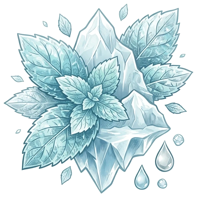 Illustration of fresh mint leaves and ice crystals for the FUMOT 12K Cool Mint flavour