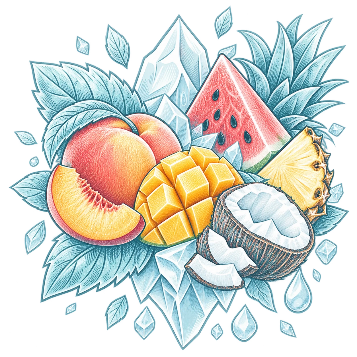 Flavour illustration for FUMOT 50K 2-in-1 Peach Mango Watermelon & Pina Colada